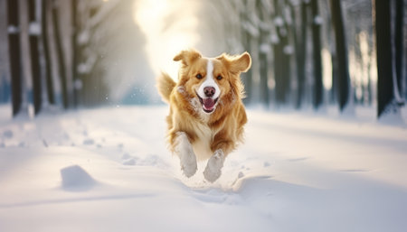 red dog running in the snow. Nova Scotia Duck Tolling Retrieverの素材