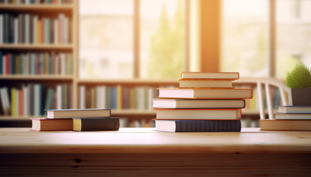 Books on wooden desk in library. Education concept. 3D Renderingの素材