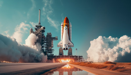 Space Shuttle taking off into the sky. Mixed media. Mixed mediaの素材