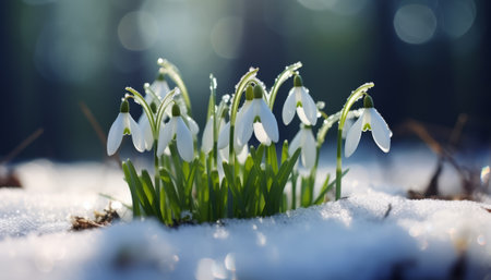 Beautiful snowdrop flowers growing in the snow with bokehの素材