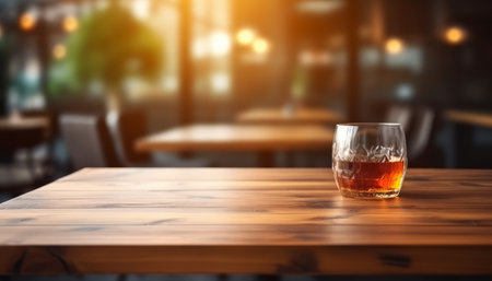 Glass of whiskey on wooden table in pub or restaurant with bokeh background.の素材