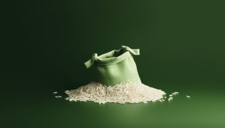 rice in a bag on a green background with copy space for textの素材