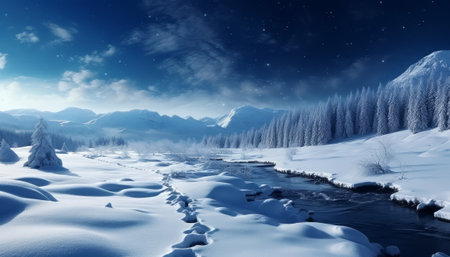 Winter landscape with snow covered trees and river at night, 3d renderの素材