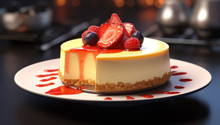 Delicious cheesecake with berries on plate on table, closeupの素材