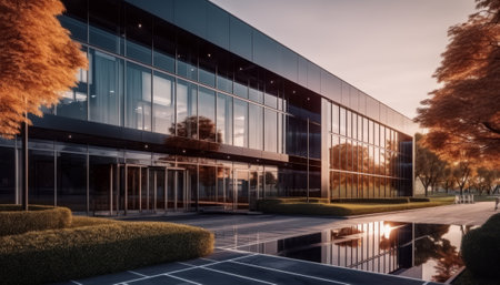 3d render of modern office building exterior with reflection in water.の素材
