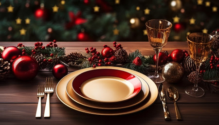 Christmas table setting with golden cutlery and Christmas tree on backgroundの素材