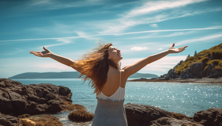 Young woman with arms outstretched in front of sea on a sunny dayの素材