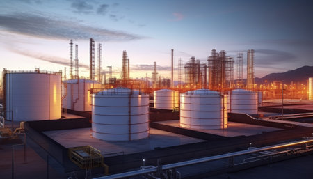 Oil refinery at sunset. 3d render oil refinery at sunset.の素材