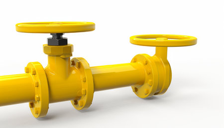 Pipeline with yellow valve on white background. 3D illustrationの素材