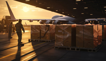 3d rendering of a soldier and a cargo plane in the airportの素材