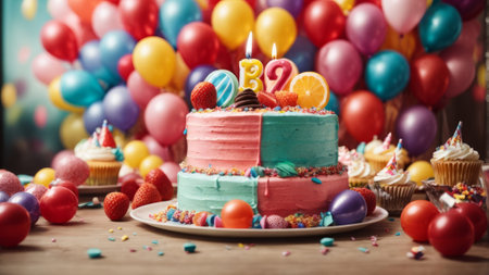 Birthday cake with candles and colorful balloons on wooden background, closeupの素材