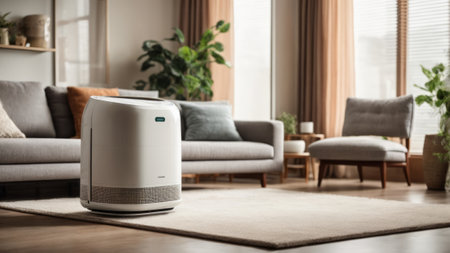 Modern air purifier on carpet in living room, space for textの素材