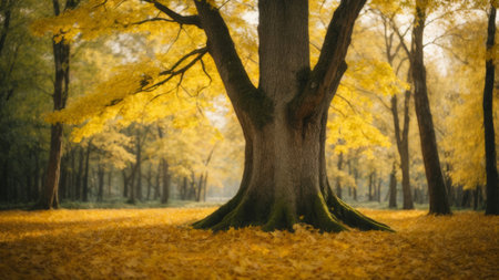 Autumn forest with yellow leaves and big tree in foggy morningの素材