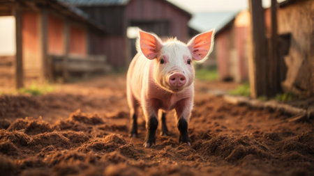 Cute piglet in the farm. Selective focus on the pigの素材