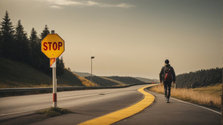Man riding a bicycle on the road with stop sign in the backgroundの素材