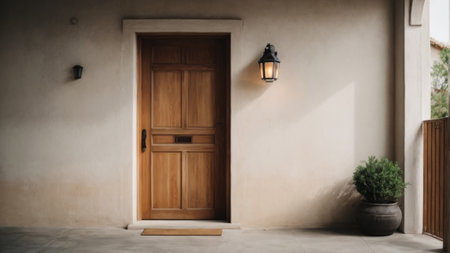 Wooden door and lamp on white wall background, vintage tone.の素材
