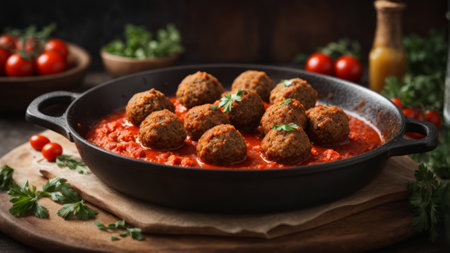 Meatballs in tomato sauce with parsley in a frying pan.の素材