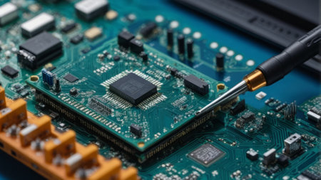 Electronic circuit board with soldering iron, close-up.の素材