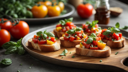 Tasty bruschetta with tomatoes and basil on wooden boardの素材