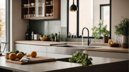 Modern kitchen interior with fresh fruits and vegetables, closeup. Space for textの素材