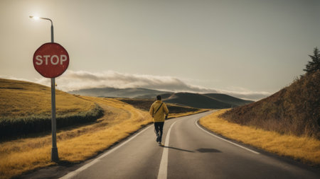 Man walking on the road with stop sign. Concept of danger.の素材