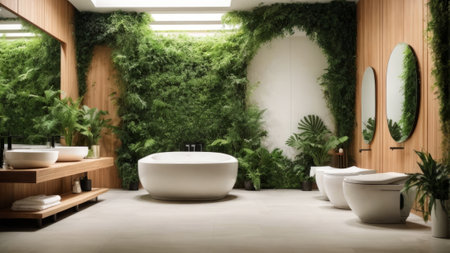 Interior of modern bathroom with white bathtub, toilet and green wallの素材