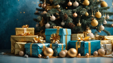Christmas tree and gifts on a blue background. New Year concept.の素材