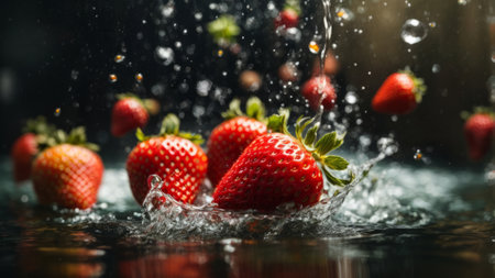 Strawberry falling into the water with splash and drops of waterの素材