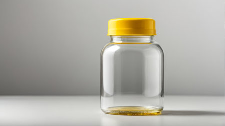 Empty glass jar with yellow cap on white table and grey background.の素材