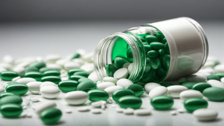 Green pills spilling out of pill bottle. Focus on foreground, shallow DOF.の素材