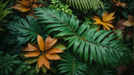 Tropical leaves in the garden. Nature background. Selective focus.の素材