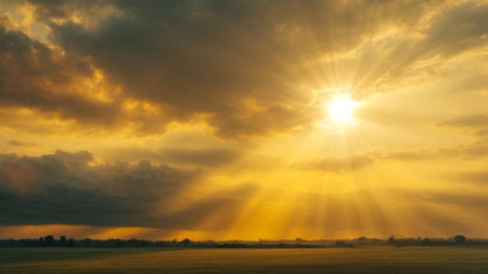 Sunset over the field. Landscape with sun and clouds.の素材