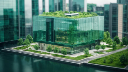 A modern office building with a green roof and a glass facade.の素材