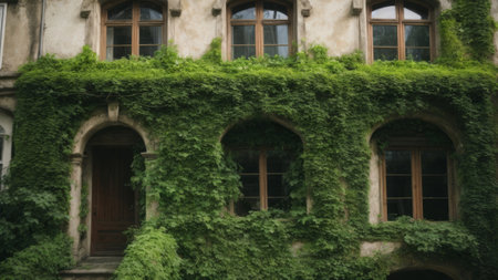 Vintage old house with green ivy wall. Vintage house with ivy wallの素材