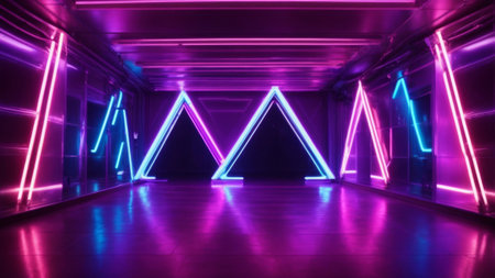 3D rendering of a dark corridor with neon lights and reflections.の素材