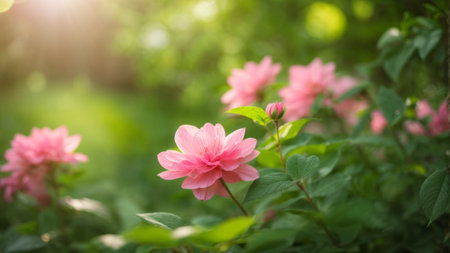 Beautiful pink rose flower in the garden with sunlight. Natural floral background.の素材