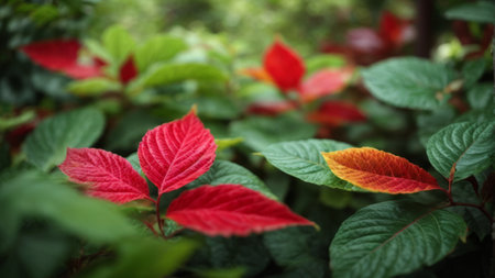 Close up of red and green leaves in the garden. Selective focus.の素材