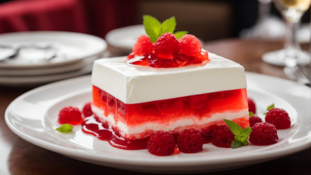cheesecake with raspberries on a plate in a restaurantの素材