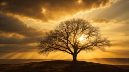Silhouette of old oak tree at sunset with sunbeamsの素材