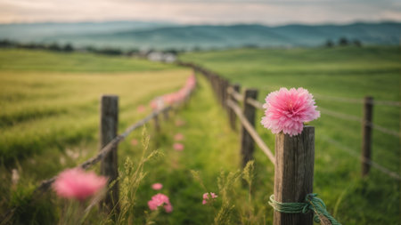 Pink flower on a wooden fence in the meadow with mountains in the backgroundの素材