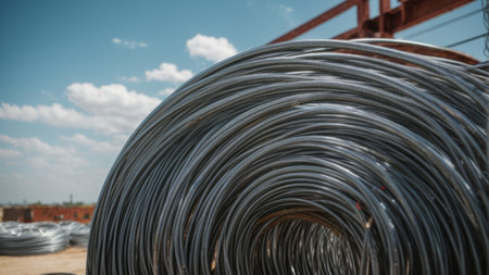 Steel wire at the construction site, abstract industrial background with copy spaceの素材