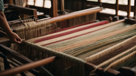 Weaving loom in a traditional silk loom. Close upの素材