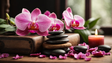 Spa still life with orchid flowers, zen stones and candlesの素材