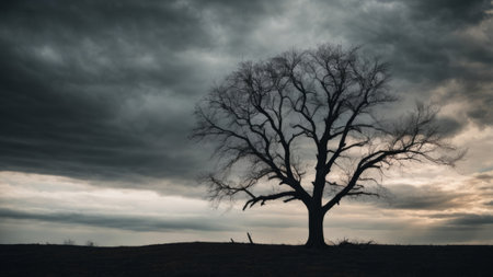 Silhouette of an old tree against a dramatic cloudy sky.の素材