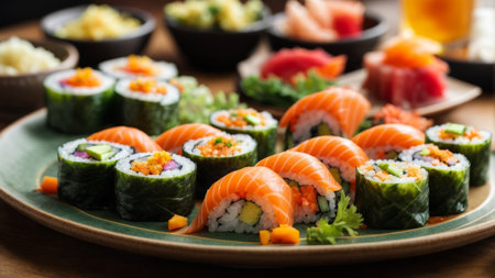 Sushi set with salmon, avocado, cucumber and cream cheeseの素材