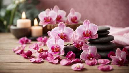 Spa still life with orchids and candles on wooden backgroundの素材