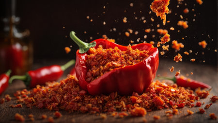 Red hot chili peppers sprinkled with ground chili flakes on rustic wooden backgroundの素材