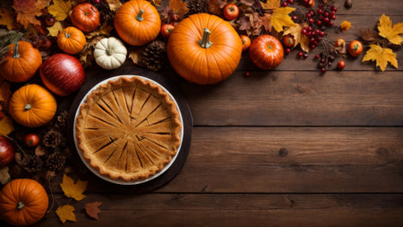 Homemade pumpkin pie on a rustic wooden background with pumpkins and autumn leavesの素材