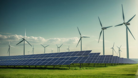 Solar panels and wind turbines - alternative electricity source - concept of sustainable resourcesの素材