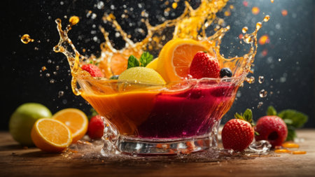 Fruit cocktail in a glass with splashes on a black backgroundの素材